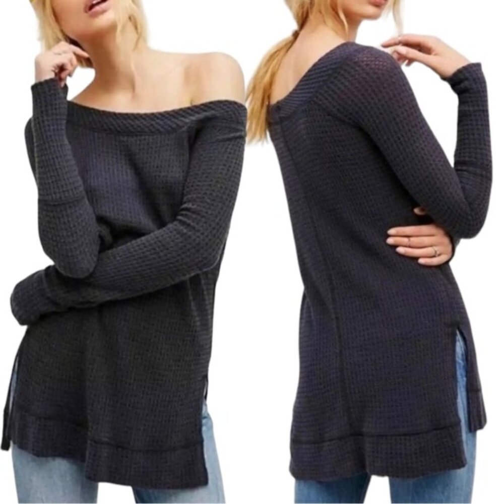Free People We the Free Kate Waffle Knit Off Shoulder Thermal Small Gray